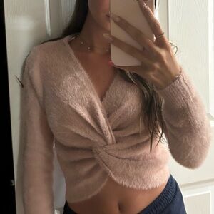 Pink fuzzy Twist Front Sweater